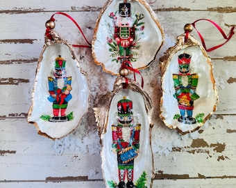 Gold Gilded Oyster Shell Ornaments with Decoupage Nutcracker Designs, Coastal Holiday Tree Decor