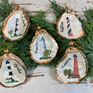 NC Lighthouses Oyster Shell Christmas Ornaments*Ocracoke Lighthouse*Hatteras Lighthouse*Bodie Island Lighthouse*Cape Lookout Lighthouse.