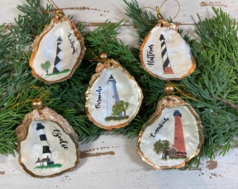 NC Lighthouses Oyster Shell Christmas Ornaments*Ocracoke Lighthouse*Hatteras Lighthouse*Bodie Island Lighthouse*Cape Lookout Lighthouse