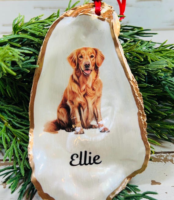 Personalized Dog Breed Ornament, Painted Oyster Shell with Gold Leaf, Watercolor Decoupage, Custom Pet Decoration
