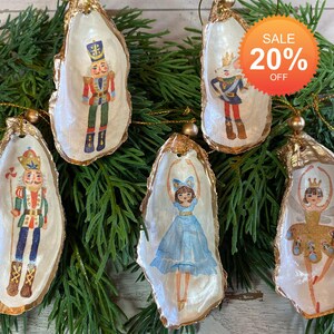 Handcrafted Nutcracker Suite Christmas Oyster Shell Ornaments with Gold Leaf, Coastal Holiday Decor