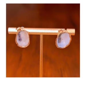 Puede incluir: Un par de pendientes dorados con un diseño natural en forma de concha. Cada pendiente tiene una concha ovalada de color claro con un borde dorado. Los pendientes se exhiben en un soporte dorado sobre un fondo marrón cálido.