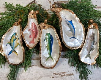 Vis ornamenten 6-10, oester schelp vis kerst ornamenten, decoupage oester schelp ornament, strand ornament, nautische kerst ornament