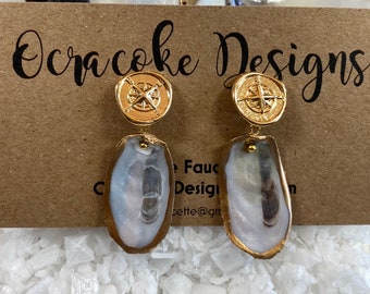 Tiny Little Oyster Shell Earrings From Ocracoke with Gold Compass Rose Ear Studs * Ocracoke Island *  Summertime Whimsy!