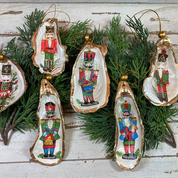 Nutcracker Christmas Ornaments*Oyster Shell Ornament* Shell Christmas Ornament* Decoupage Oyster Shell*Beach Nutcracker Ornaments*Nutcracker