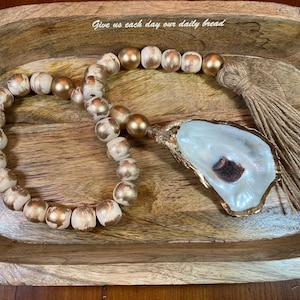 Oyster Shell Blessing Beads, Coastal Decor, Blessing Bead Garland with Designer Tassel, Decoupage Oyster Shell Garland