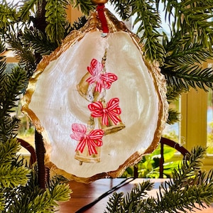 Oyster Shell Red and Gold  Christmas Bell Ornament* Shell Christmas Ornaments* Ocracoke Island, NC