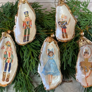 Decoupage Oyster Shell Christmas Ornaments: Nutcracker Suite Characters