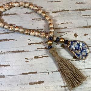 Oyster Shell Blessing Beads, Coastal Decor, Blessing Bead Garland with Designer Tassel, Decoupage Oyster Shell Garland