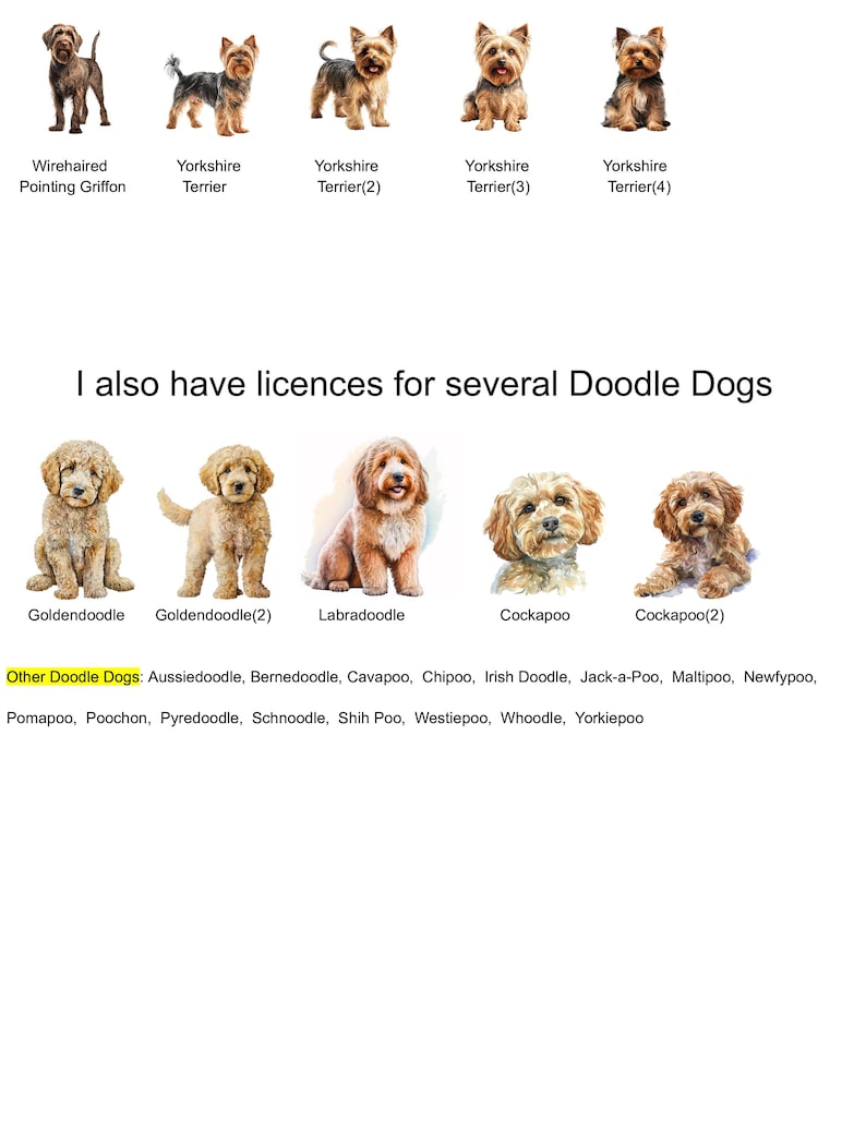 May include: A digital illustration of various dog breeds, including Wirehaired Pointing Griffon, Yorkshire Terrier, Goldendoodle, Labradoodle, and Cockapoo. The image includes the text "I also have licences for several Doodle Dogs" and a list of other doodle dog breeds.