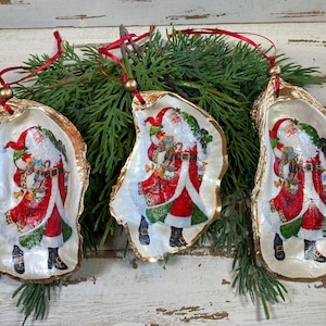 Oyster Shell Santa Claus Ornament*Oyster Shell Ornament* Shell Christmas Ornament* Decoupage Oyster Shell*Santa Claus Beach Ornaments