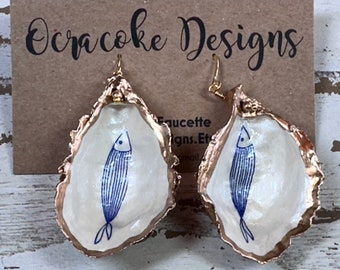 Tiny Oyster Shell Blue Fish Decoupage Earrings * Ocracoke Island *  Summertime Whimsy!