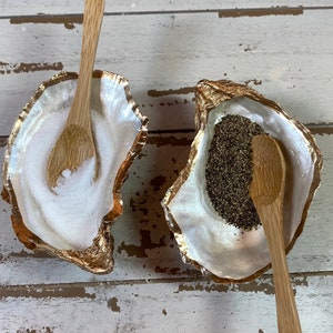 Pair of Gilded Oyster Shell Salt & Pepper Dishes with spoons | Salt Cellar Pinch pots