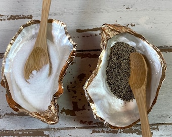 Pair of Gilded Oyster Shell Salt & Pepper Dishes with spoons | Salt Cellar Pinch pots