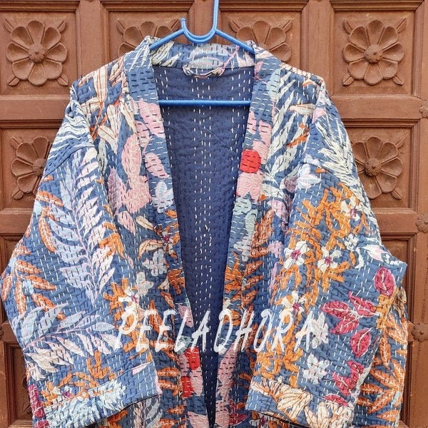 Handmade leaf print kantha jacket japanese kimono style beach wear bohemian kantha robe winter coat winter jacket multi colored robe # KJ 09