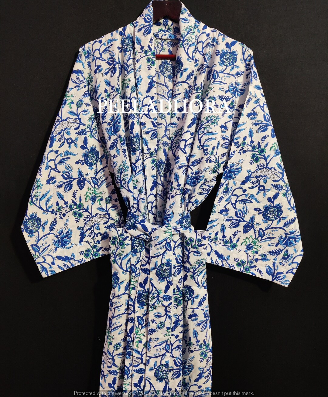 Mens Cotton Kimono Block Print Boho Kimonos Robe Brick Blue Etsy