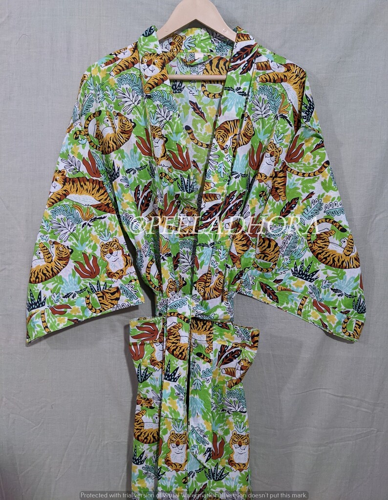 Cotton Kimono Tiger Print Kimono Robe Dressing Gown Nightwear Etsy