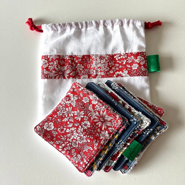 Pretty Reusable Make- up Wipes Pack of 7  (one for each day) Matching machine washable bag Liberty Cotton Bamboo Red Blue Eco Gifts for Her