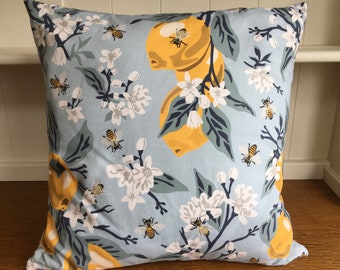 Luxury Cushion Lemons and Bees 45 x 45cm Cotton Linen Stripes Ticking Back Muslin Yellow Pale Blue Floral Square Zip Closure Mediterranean