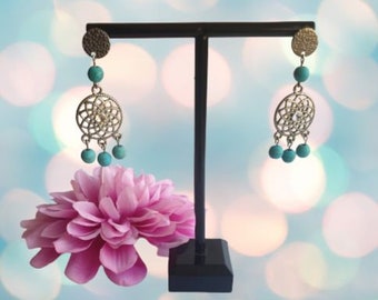 Boucles d'oreilles pendante attrape rêve en acier inoxydable et perles de turquoise mat