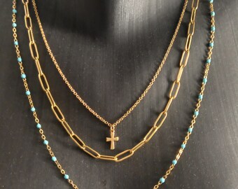 Collier multi rangs acier inoxydable or et turquoise avec pendentif