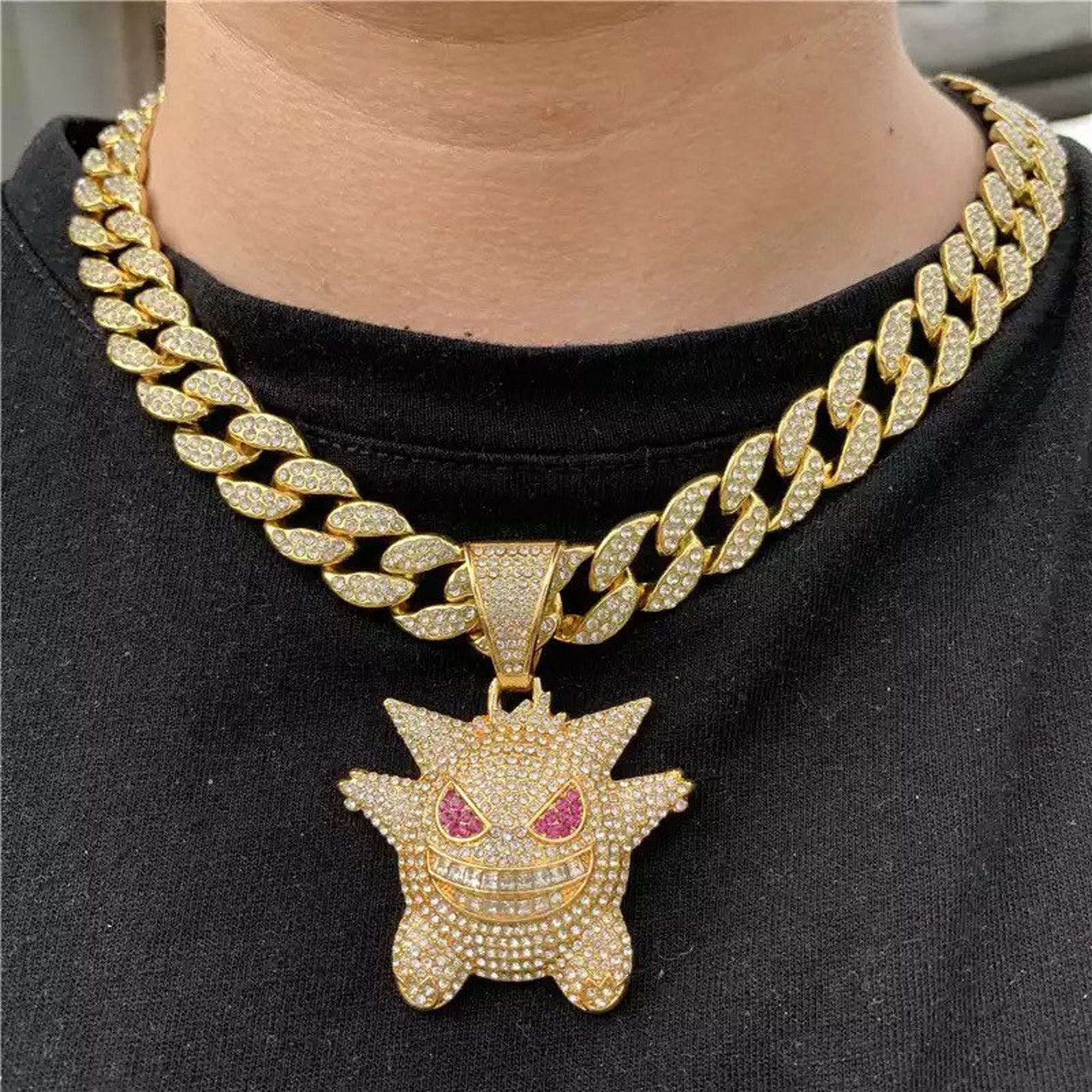 Iced Out Gengar cadena cubana en oro y plata con diamantes de Etsy