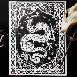 The Dragon - Original Art Handmade Linocut Blockprint Wall Decor Tarot