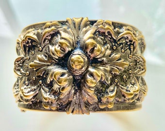 Vintage Bracelet Art Nouveau Cuff Repoussé Floral Design Antique