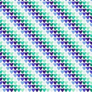 May include: A repeating pattern of small heart shapes arranged in diagonal rows against a white background. The hearts feature a color palette of dark blue, medium blue, light blue, teal, and mint green, creating a vibrant and rhythmic design.