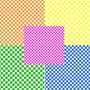 May include: An abstract design with a checkerboard pattern. The image is divided into six sections, each with a different colour scheme: orange, yellow, green, blue, and pink, all with white squares. The overall effect is a colourful, geometric composition.