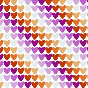 Può includere: Un motivo ripetitivo di piccoli cuori disposti in file orizzontali su uno sfondo bianco. I cuori presentano una tavolozza di colori composta da viola scuro, viola chiaro, arancione brillante, arancione tenue e bianco sporco, alternati.