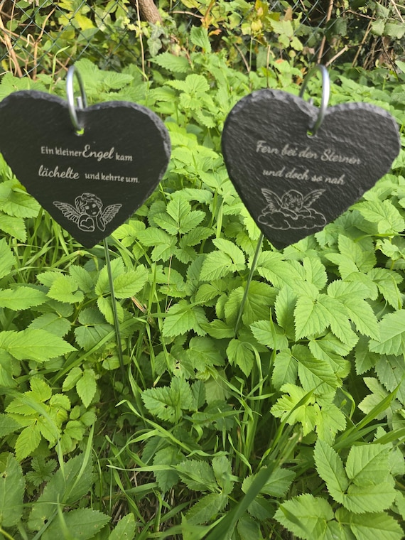 Slate heart with engraving | Memorial heart angel remembrance star child | Grave decoration 10 x 10 cm including stick | Mourning gift laser engraved slate
