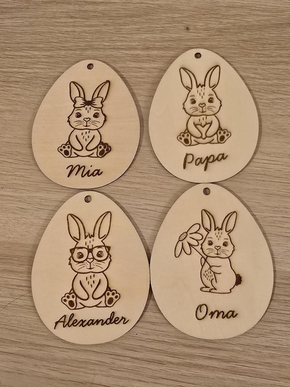 Personalized Easter basket ornament made of linden wood – cute bunnies laser engraved – name tags for Easter branches – Easter gift idea with Easter bunnies