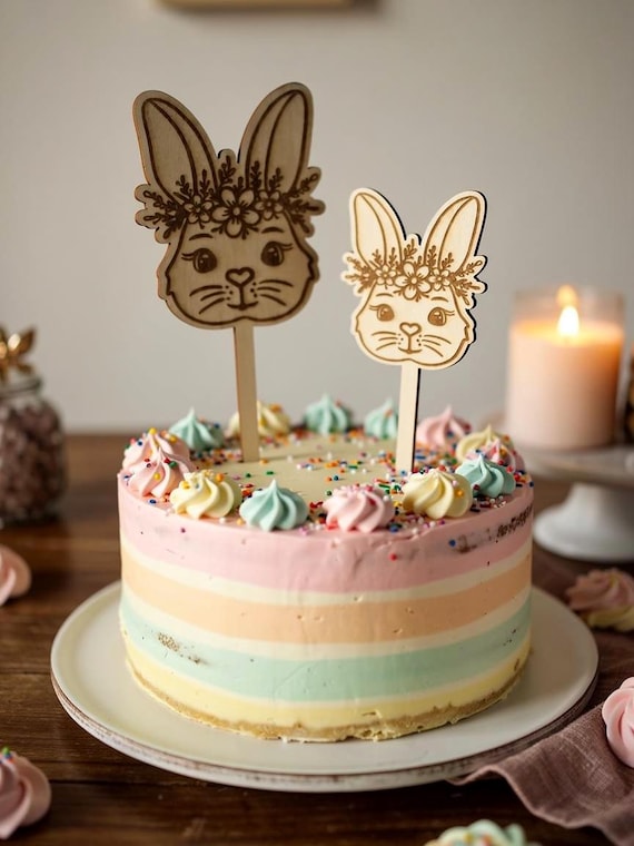 Easter cake topper bunny made of wood, flower pick – cute cake toppers for Easter & spring decorations