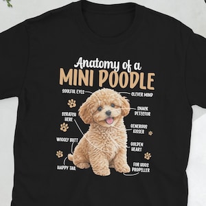 Op de afbeelding: Zwart t-shirt met een afbeelding van een Mini Poedel en de tekst "Anatomie van een Mini Poedel". Het ontwerp bevat gelabelde lichaamsdelen zoals "Zielsvolle Ogen" en "Vrolijke Staart".