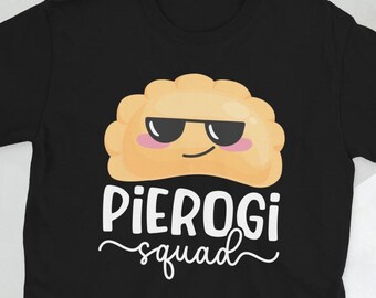 May include: Black t-shirt featuring a cartoon pierogi wearing sunglasses and the text "Pierogi squad" in white.