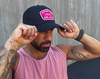 Support Your Local Girl Dad CURVED Bill Patch Hat (Solid Black/Pink Patch) - Great gift for a Girl Dad, Perfect Hat for Dad, Trucker Hat