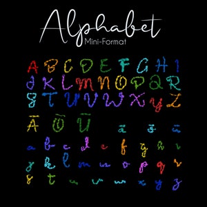 May include: A colorful alphabet in a mini format. The letters are written in a handwritten style and are outlined in a variety of colors, including red, orange, yellow, green, blue, indigo, and violet.