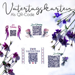 Könnte beinhalten: Vier verschiedene Vatertagskarten mit QR-Codes. Die Karten zeigen verschiedene Designs, darunter Vögel, Blumen und Herzen. Der Text "Zum Vatertag" ist auf den Karten sichtbar. Die Karten liegen auf einem weißen Hintergrund mit violetten Blumen.
