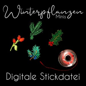 Puede incluir: Diseños de bordado digital para plantas de invierno, incluyendo acebo, pino y bayas. Los diseños están etiquetados como "Winterpflanzen Minis" y "Digitale Stickdatei".