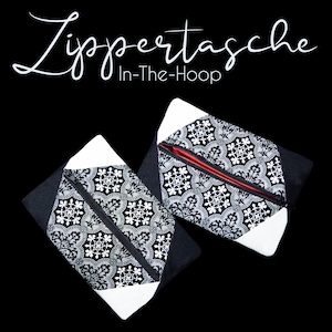 Könnte beinhalten: Zwei schwarze und weiße Reißverschlusstaschen mit einem weißen und schwarzen geometrischen Muster. Die Taschen sind offen und die roten Reißverschluss-Zipper sind sichtbar. Der Text "Zipper Tasche In-The-Hoop" befindet sich oben im Bild.