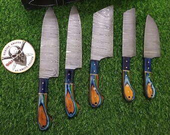 Juego de 5 piezas de chef de Damasco hecho a mano personalizado con sábana de dólar multicolor, longitud máxima de 13 pulgadas