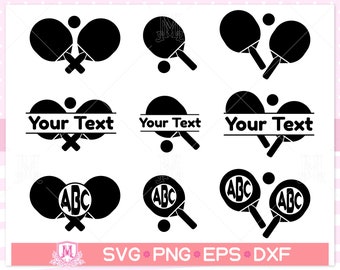 May include: A set of eight black and white table tennis paddle SVG cut files. The paddles are shown in different configurations, including with the text "Your Text" and the letters "ABC".