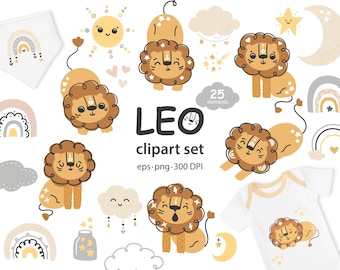 Bohemian Leo Clipart PNG, EPS, Nursery decor with boho Lion, rainbow, cloud and moon, Cute Lion character Graphics, Commercial Use