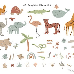 K&ouml;nnte beinhalten: 40 grafische Elemente mit einer Vielzahl von Tieren, Pflanzen und geometrischen Formen in einem skurrilen Stil. Zu den Tieren geh&ouml;ren ein Fuchs, eine Schildkr&ouml;te, ein Krokodil, ein Wal, ein Flamingo, ein Gepard, eine Giraffe, ein Strau&szlig;, ein Elefant, ein Nashorn und ein Eidechse. Zu den Pflanzen geh&ouml;ren Palmen, Bl&auml;tter, Blumen und Wolken. Zu den geometrischen Formen geh&ouml;ren Sterne, Herzen und Linien.