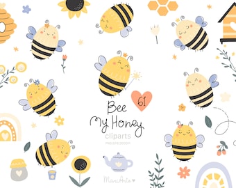 Biene Clipart-Set - Hummeln, Honig, Blumen, Regenbogen & Bienenstock PNG, Sommer Vektor-Kunst