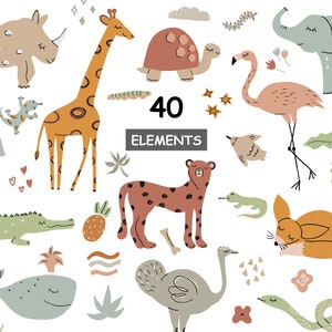 K&ouml;nnte beinhalten: Ein Set mit 40 bunten Illustrationen, die verschiedene Tiere, Pflanzen und geometrische Formen zeigen. Zu den Tieren geh&ouml;ren eine Giraffe, ein Nashorn, ein Elefant, ein Flamingo, ein Gepard, ein Fuchs, ein Wal, ein Strau&szlig;, ein Krokodil und eine Schlange. Zu den Pflanzen geh&ouml;ren ein Ananas, eine Palme und verschiedene Blumen. Zu den geometrischen Formen geh&ouml;ren Sterne, Herzen und Regenb&ouml;gen.