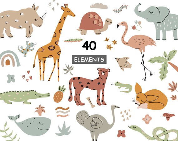 Bohemian Safari Animals Clipart – Cute African Wildlife Set, Floral Nursery Art, PNG for Commercial Use