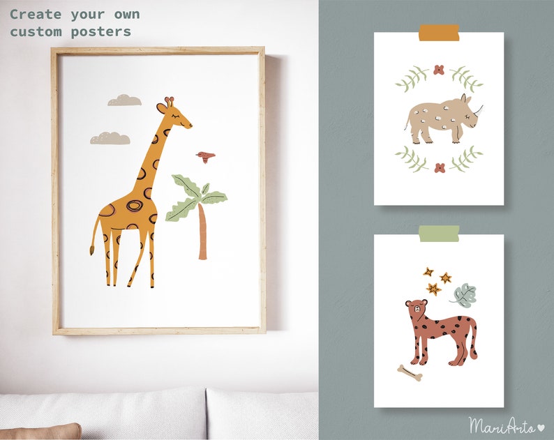 K&ouml;nnte beinhalten: Drei druckbare Poster mit Illustrationen von Tieren. Das erste Poster zeigt eine Giraffe mit braunen Flecken, die vor einer Palme steht. Das zweite Poster zeigt ein Nashorn mit braunen Flecken, das in einem gr&uuml;nen Kranz steht. Das dritte Poster zeigt einen Geparden mit braunen Flecken, der vor einem gr&uuml;nen Blatt und einem Knochen steht.