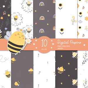 May include: Ten digital papers featuring a cute bee theme. The papers include a variety of patterns, including bees, flowers, stars, rainbows, and the text "Let it Bee".
